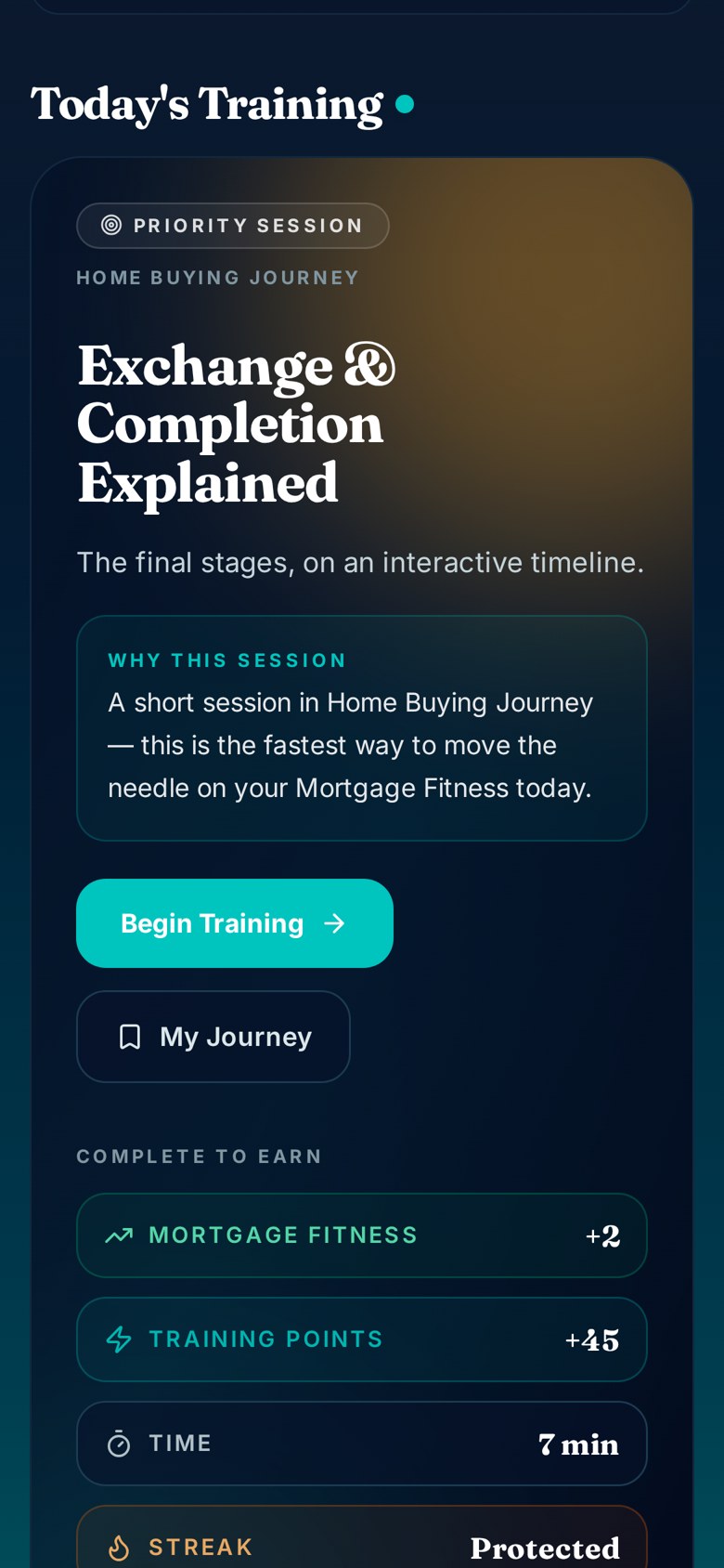 The GYM Fitness Centre on mobile — today's training session with Mortgage Fitness points, training points and streak